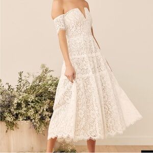 NWT Lulus Absolutely Stunning White Lace Off-the-Shoulder Midi Dress